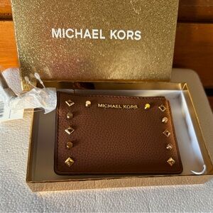 Michael Kors Brown Leather Card Case with Gold Accent